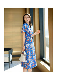 Printed Waist-fitted Dress | Blue