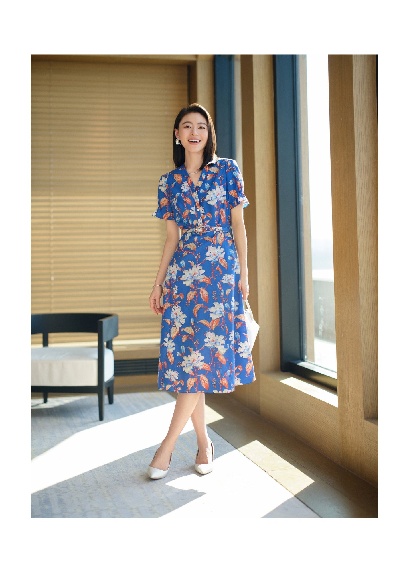 Printed Waist-fitted Dress | Blue