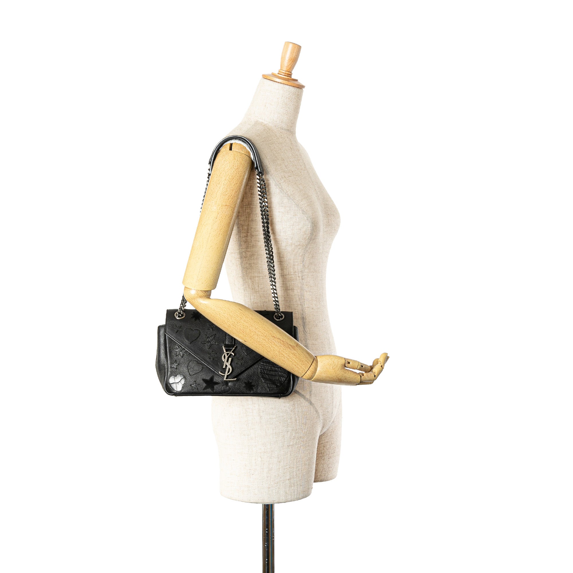 Saint Laurent | Pre-Owned Medium Monogram Heart Patchwork Chain Wallet | Black