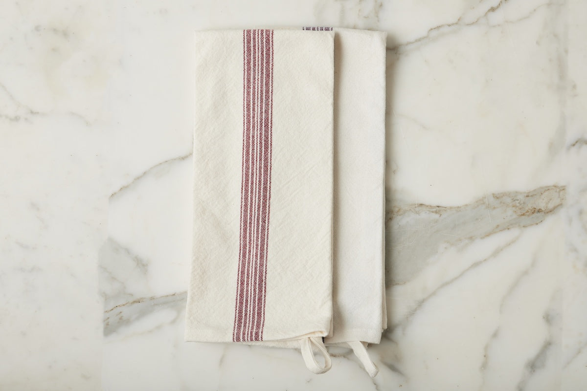 Kitchen Tea Towel | Vintage Merlot Red Stripe | Set of 2