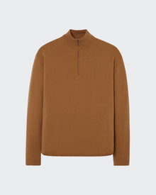 A quarter zip pullover sweater made of premium cashmere in a tan or almond color.
