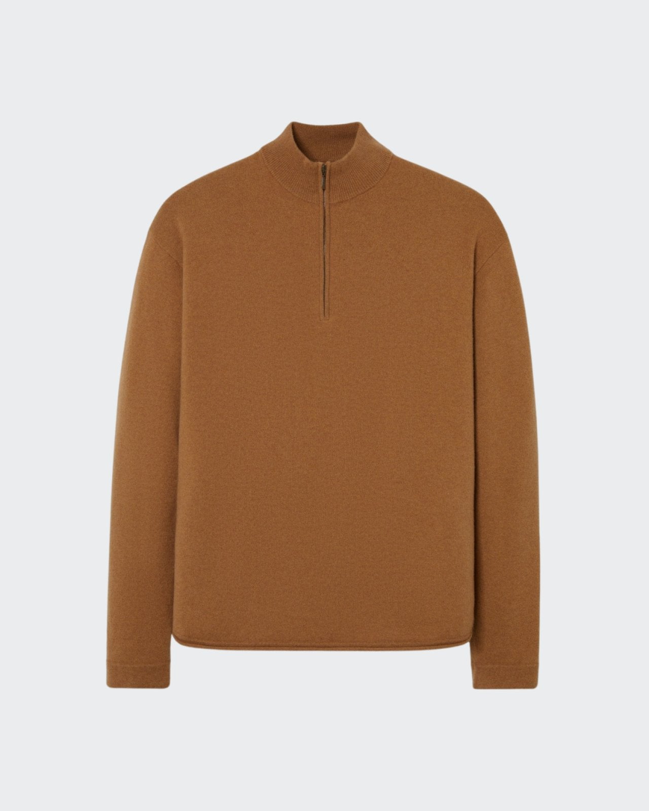 A quarter zip pullover sweater made of premium cashmere in a tan or almond color.