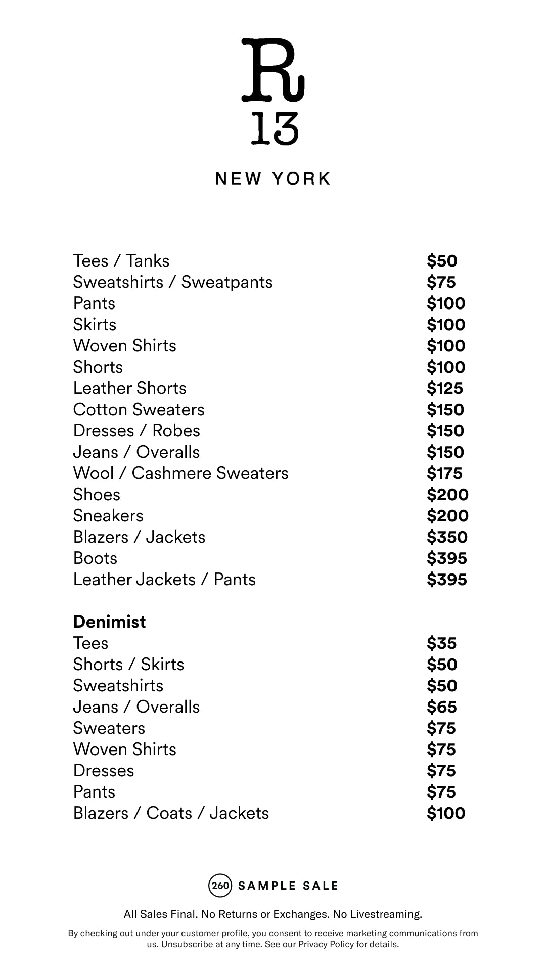 Price table