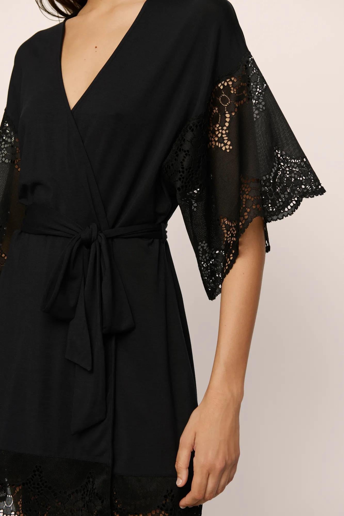 Model is wearing Beatrix TENCEL Modal Robe in Black