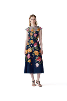 Embroidered Cap Sleeve Crewneck Midi Dress | Midnight Multi