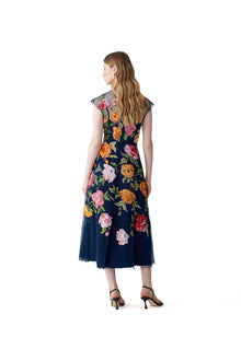 Embroidered Cap Sleeve Crewneck Midi Dress | Midnight Multi