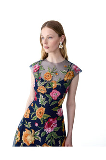 Embroidered Cap Sleeve Crewneck Midi Dress | Midnight Multi