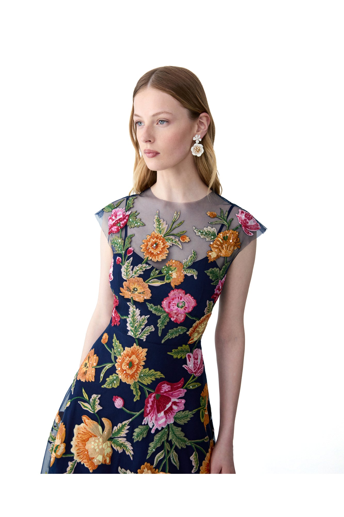 Embroidered Cap Sleeve Crewneck Midi Dress | Midnight Multi