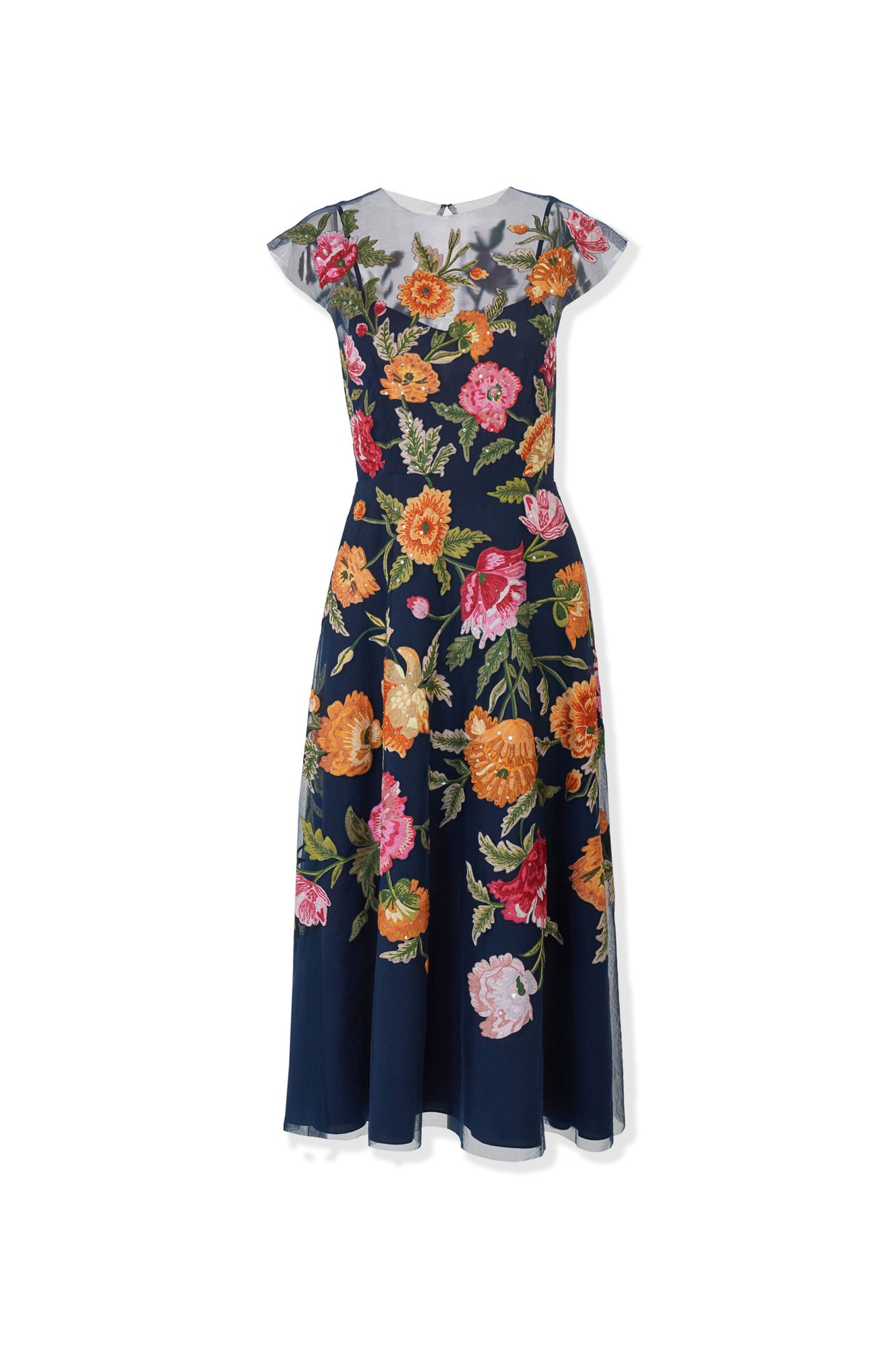 Embroidered Cap Sleeve Crewneck Midi Dress | Midnight Multi