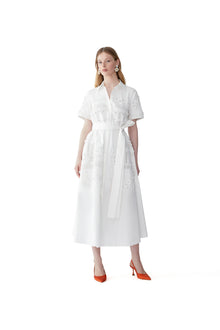 Embroidered Short Sleeve Shirt Dress With Self Belt | White