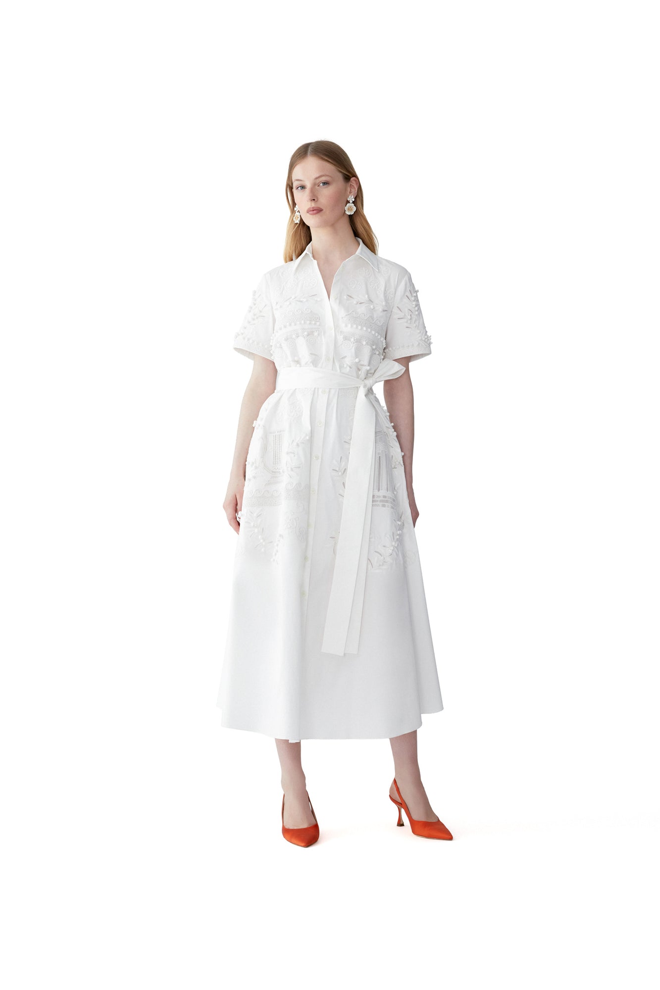 Embroidered Short Sleeve Shirt Dress With Self Belt | White