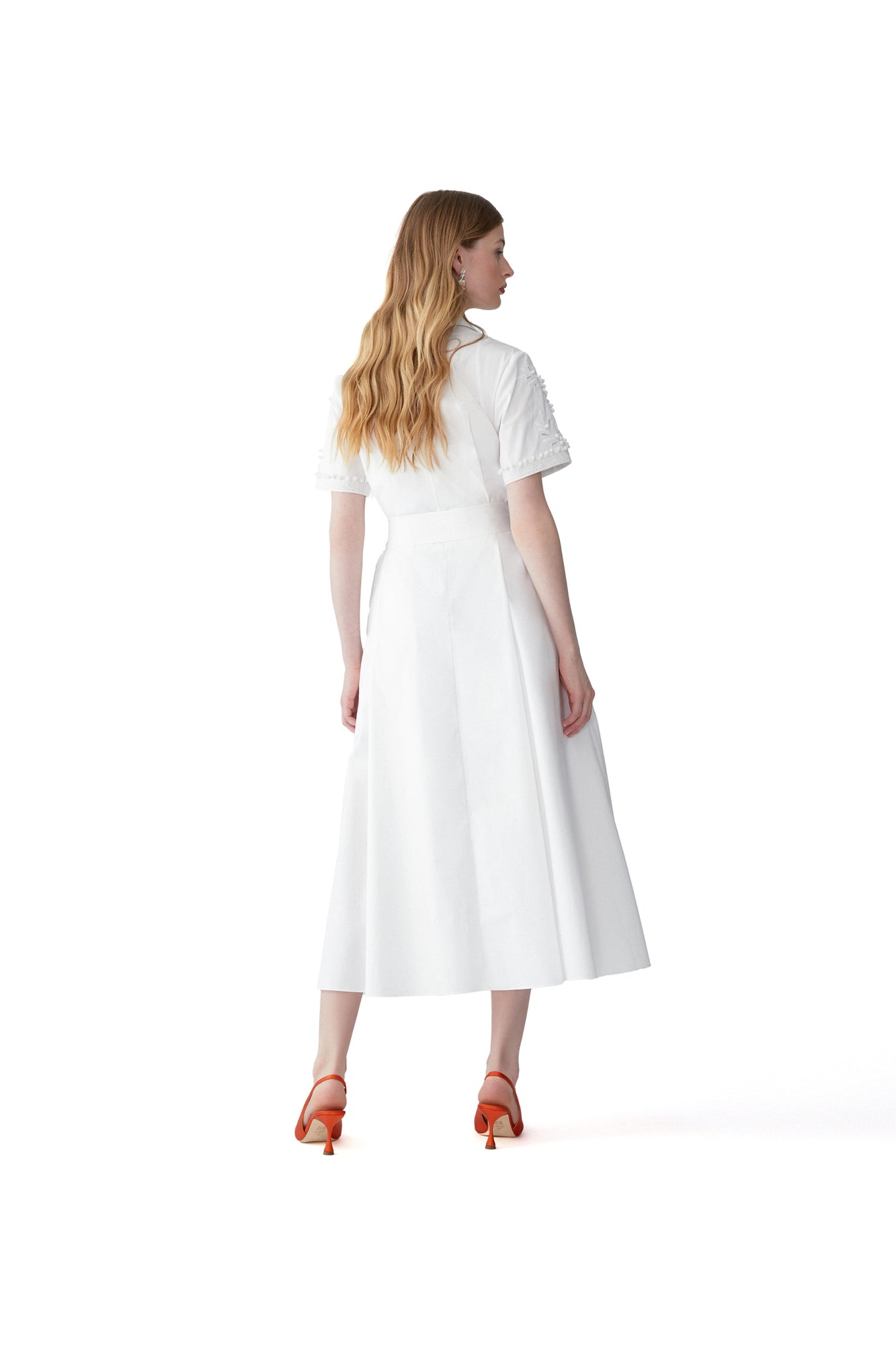 Embroidered Short Sleeve Shirt Dress With Self Belt | White