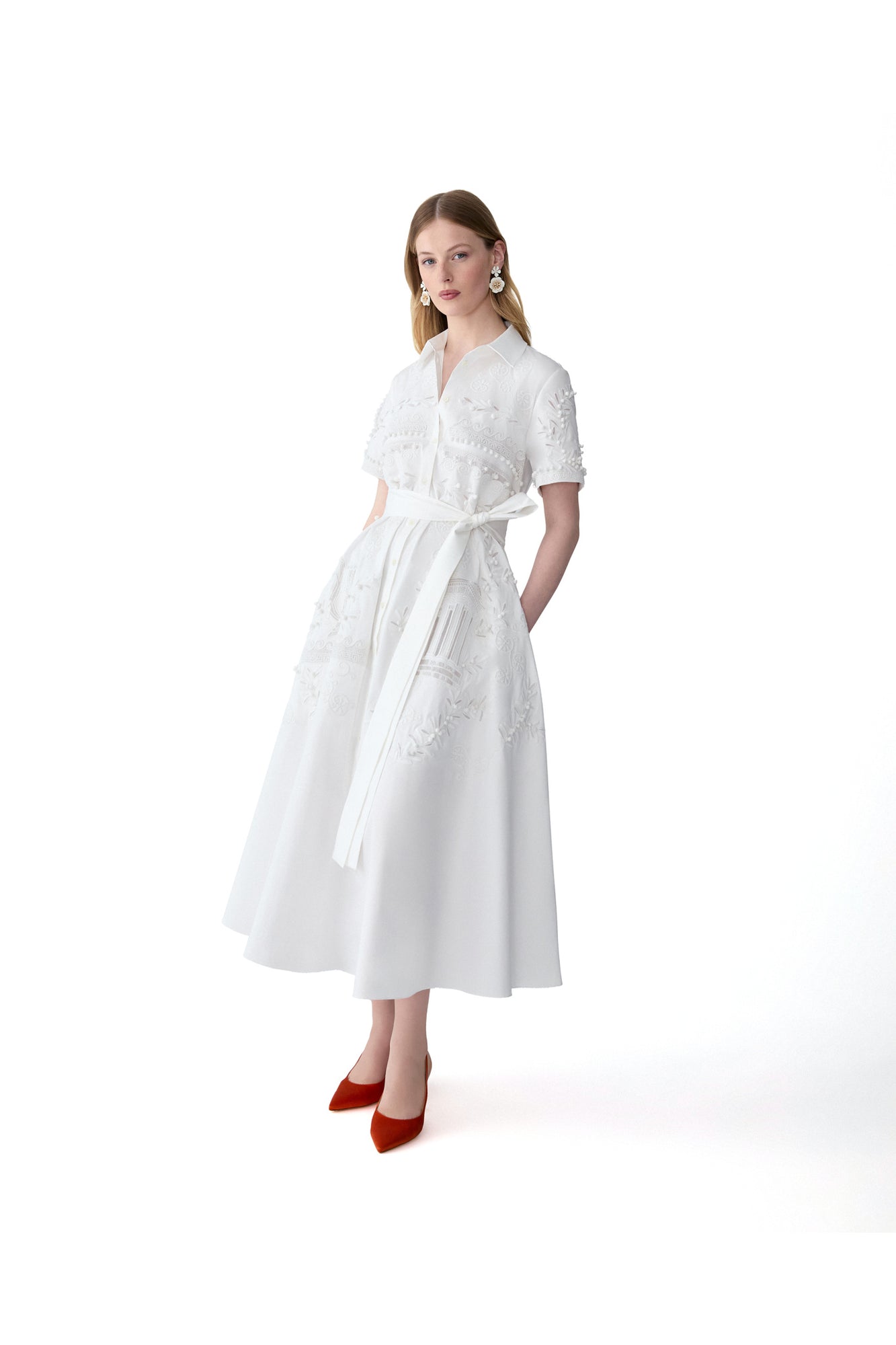 Embroidered Short Sleeve Shirt Dress With Self Belt | White