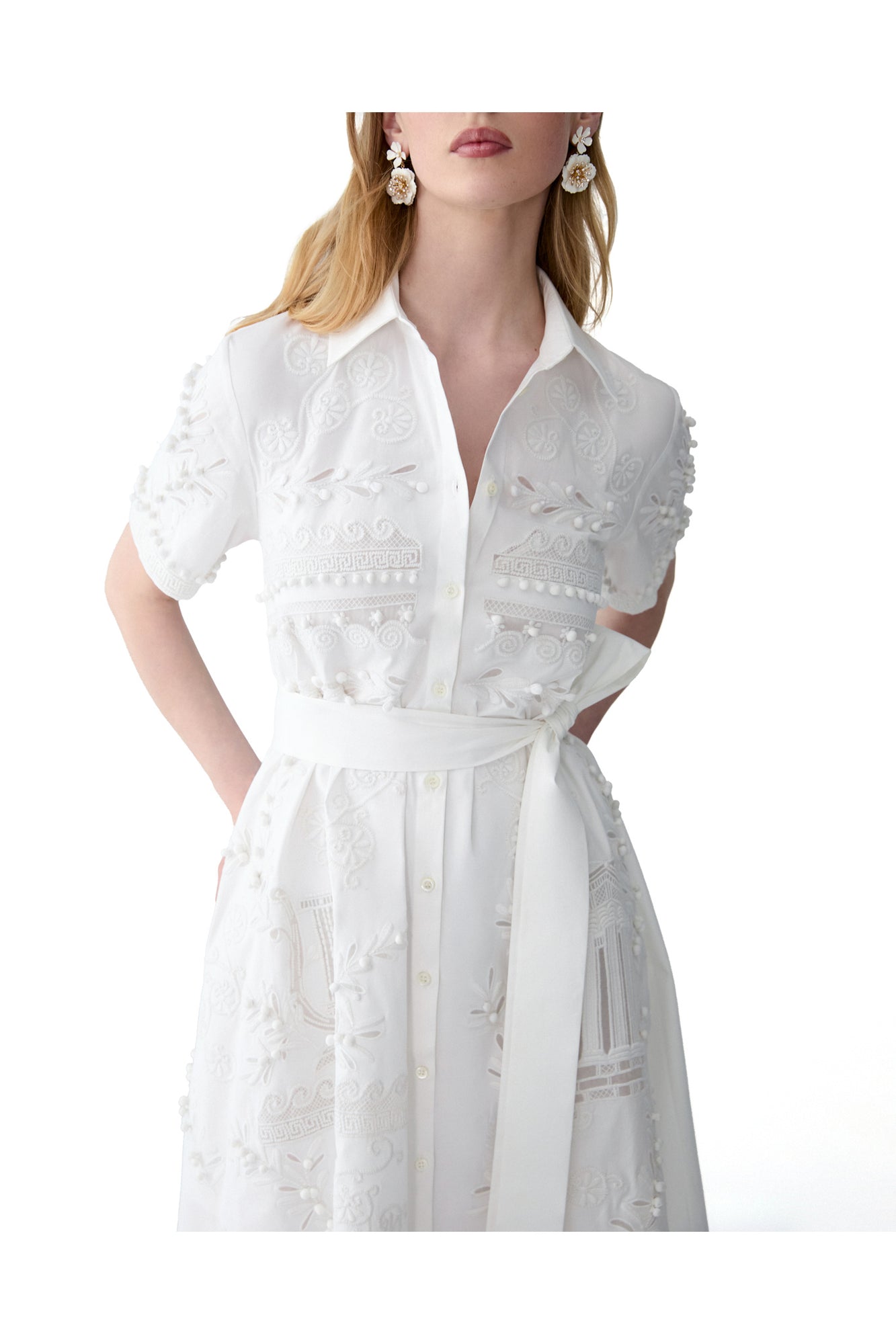 Embroidered Short Sleeve Shirt Dress With Self Belt | White