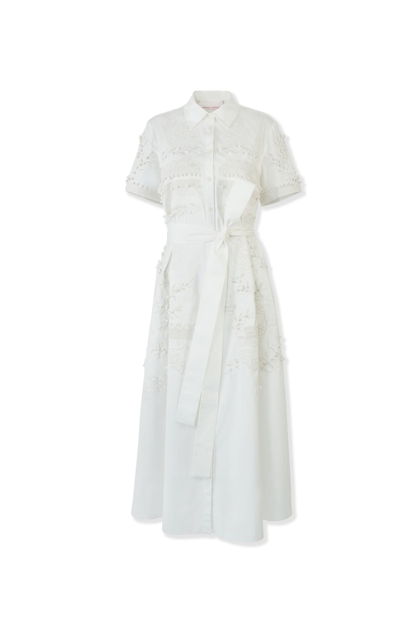 Embroidered Short Sleeve Shirt Dress With Self Belt | White