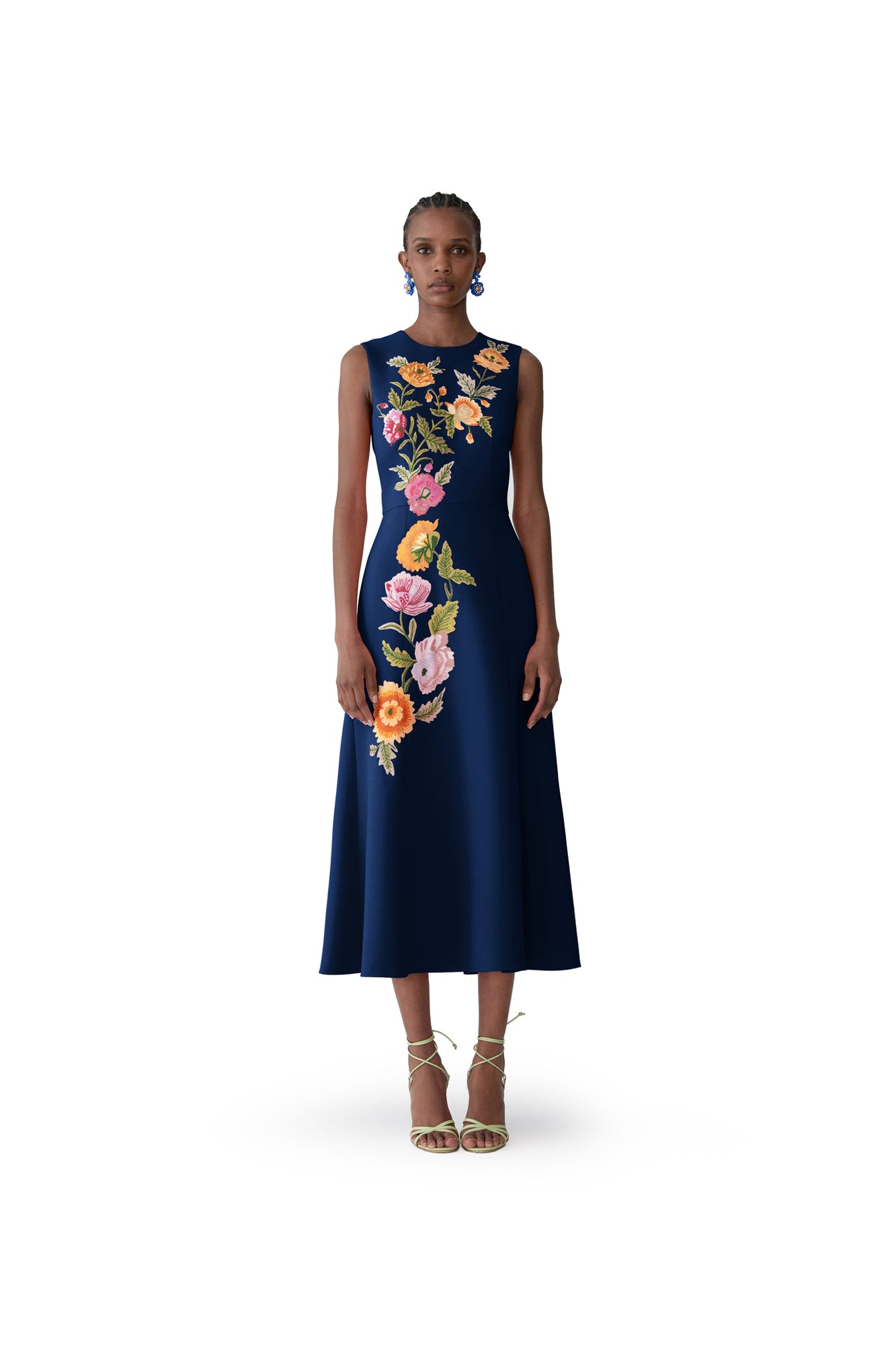 Embroidered Sleeveless Crewneck Flare Dress | Midnight Milti