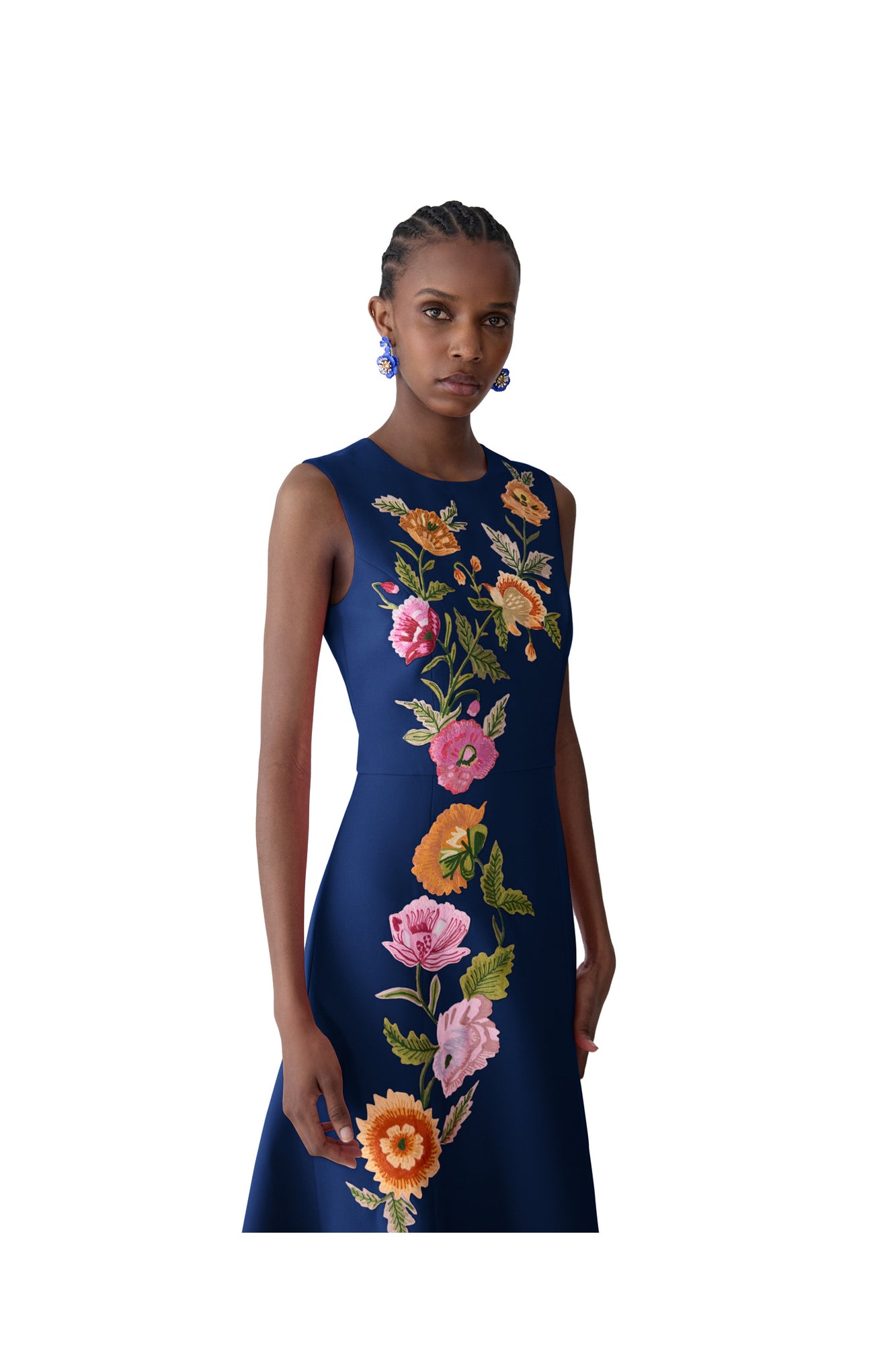 Embroidered Sleeveless Crewneck Flare Dress | Midnight Milti