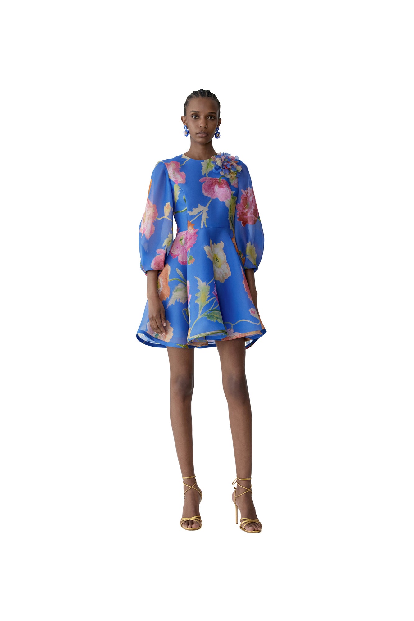 Puff Sleeve Crewneck Mini Dress With Flower | Bluebell Multi