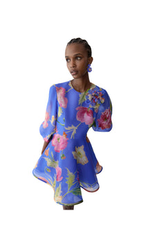 Puff Sleeve Crewneck Mini Dress With Flower | Bluebell Multi