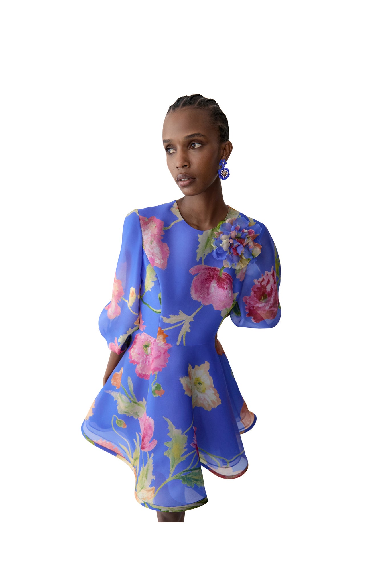 Puff Sleeve Crewneck Mini Dress With Flower | Bluebell Multi