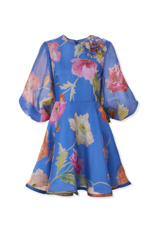 Puff Sleeve Crewneck Mini Dress With Flower | Bluebell Multi