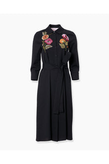 Embroidered 3/4 Sleeve Shirt Dress With Belt | Black Multi