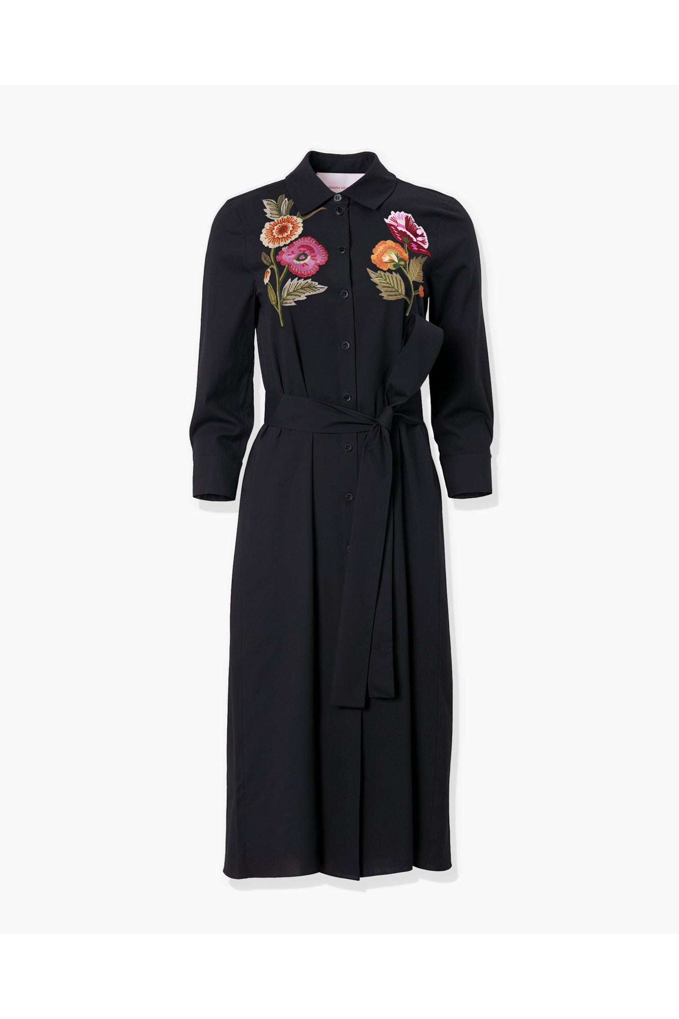 Embroidered 3/4 Sleeve Shirt Dress With Belt | Black Multi