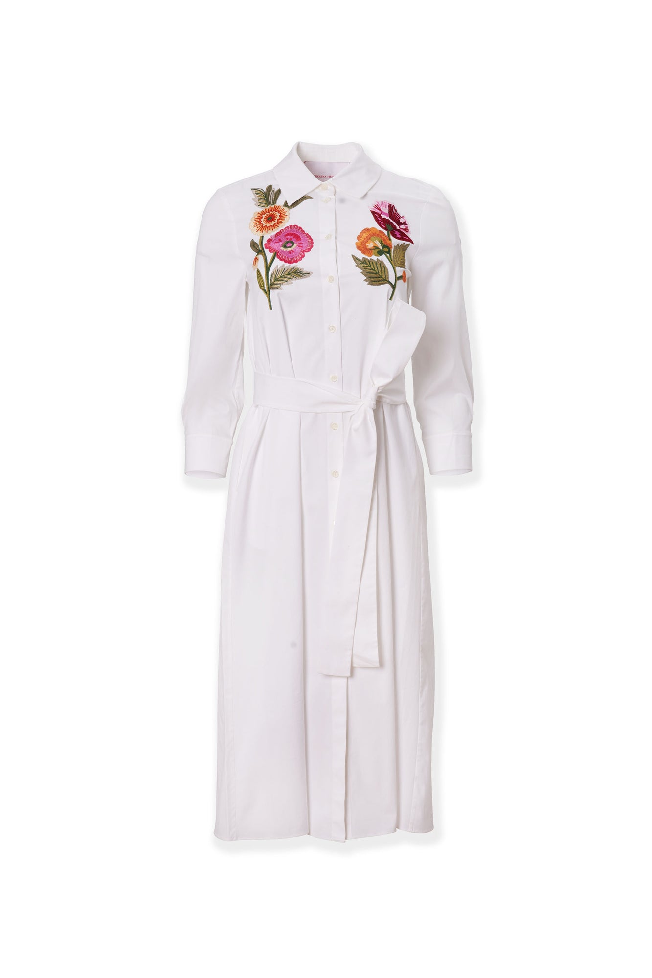Embroidered 3/4 Sleeve Shirt Dress With Belt | White Multi
