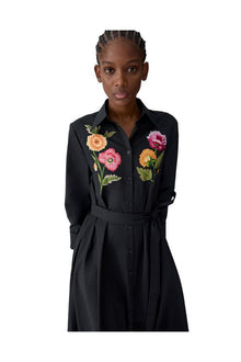 Embroidered 3/4 Sleeve Shirt Dress With Belt | Black Multi
