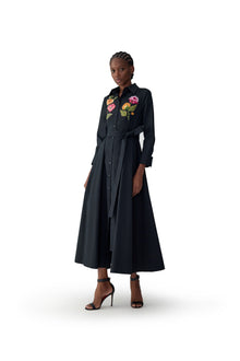 Embroidered 3/4 Sleeve Shirt Dress With Belt | Black Multi