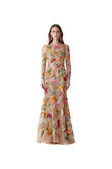 Embroidered Long Sleeve Crewneck Gown | Nude