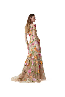 Embroidered Long Sleeve Crewneck Gown | Nude