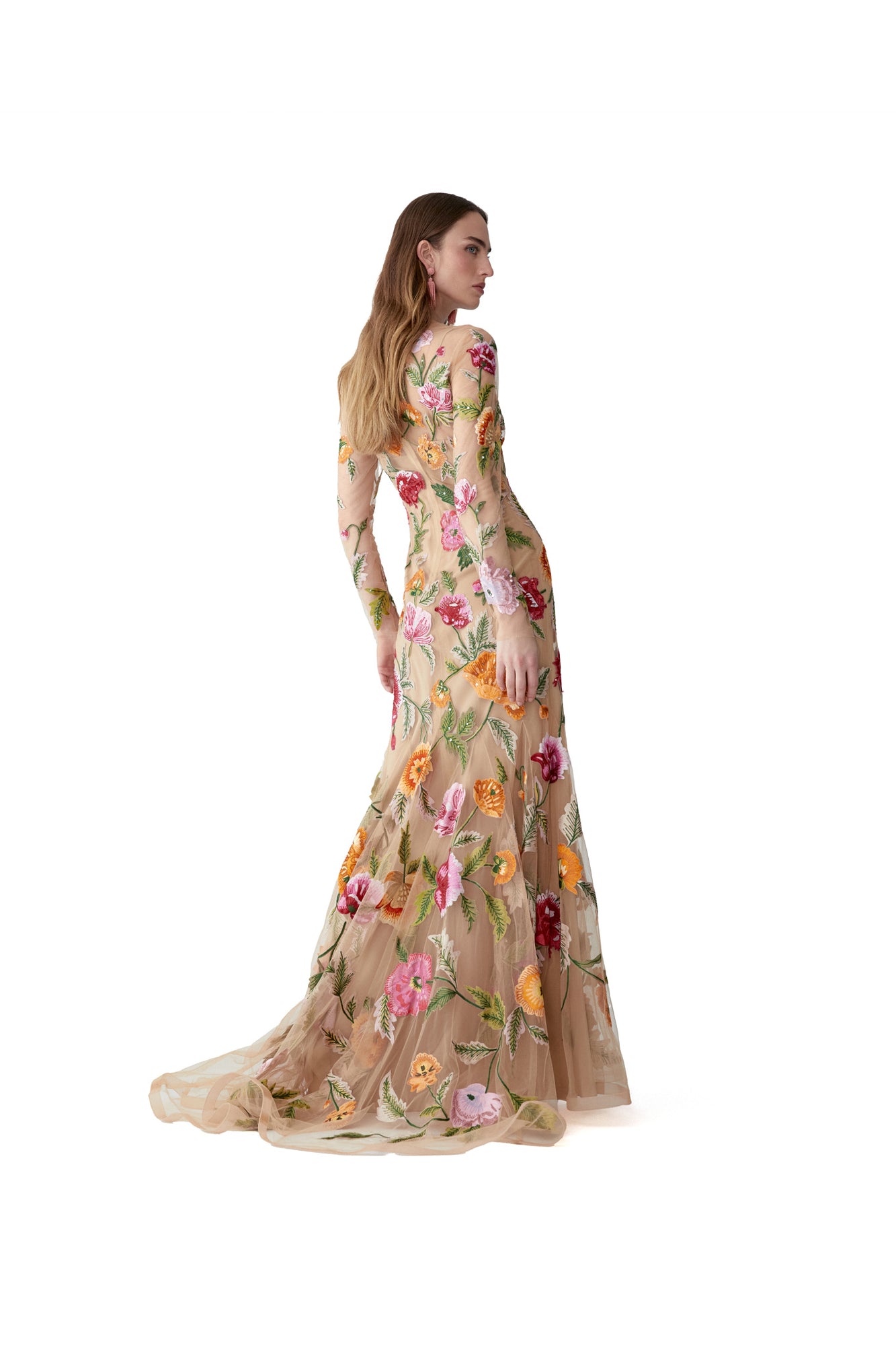 Embroidered Long Sleeve Crewneck Gown | Nude