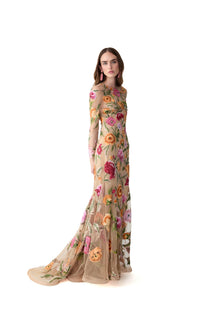 Embroidered Long Sleeve Crewneck Gown | Nude