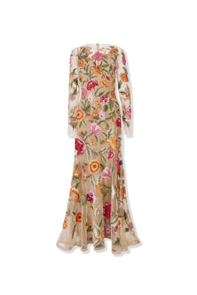Embroidered Long Sleeve Crewneck Gown | Nude