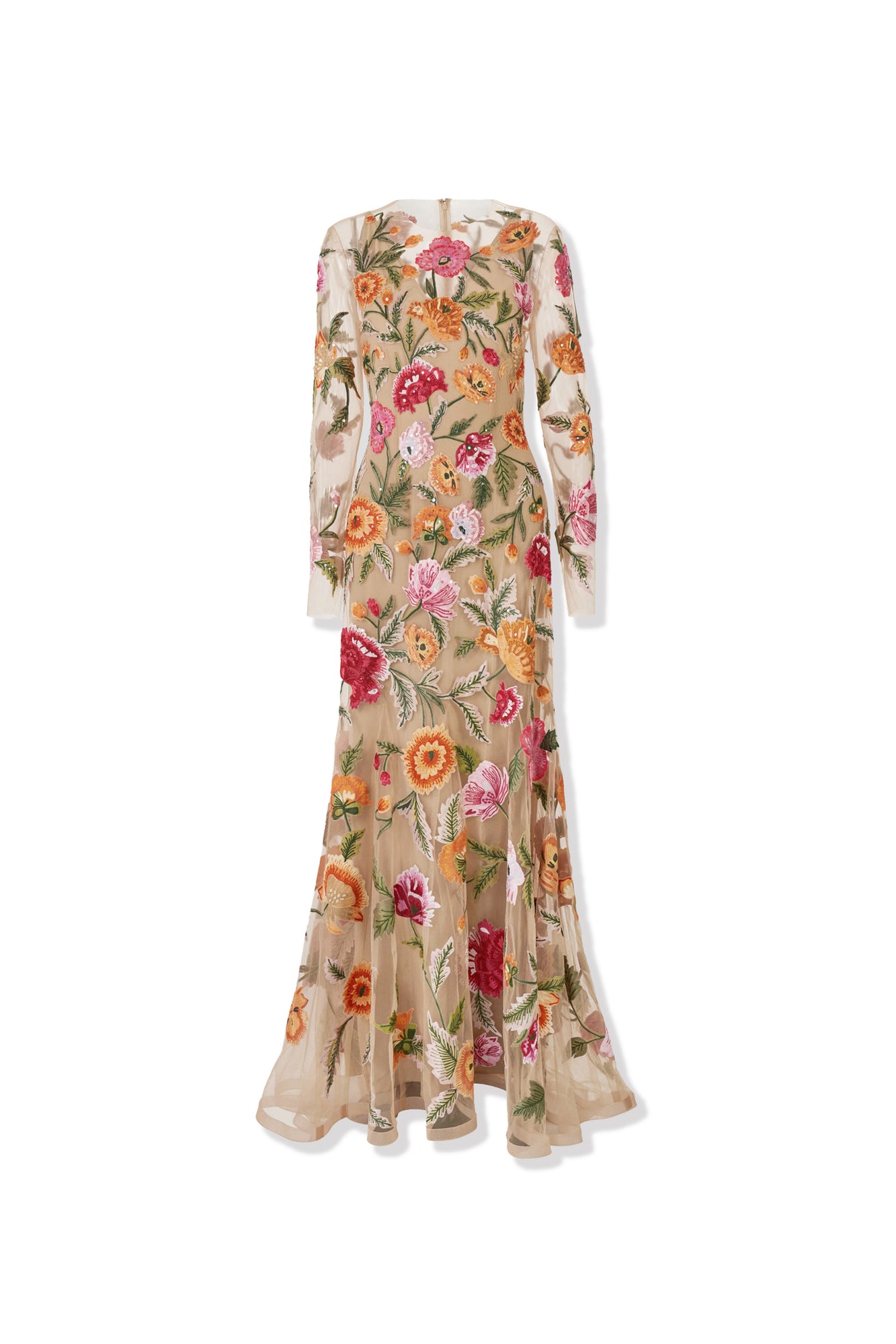 Embroidered Long Sleeve Crewneck Gown | Nude