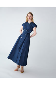 Double Breasted A-Line Midi Dress With Sash Belt | Midnight