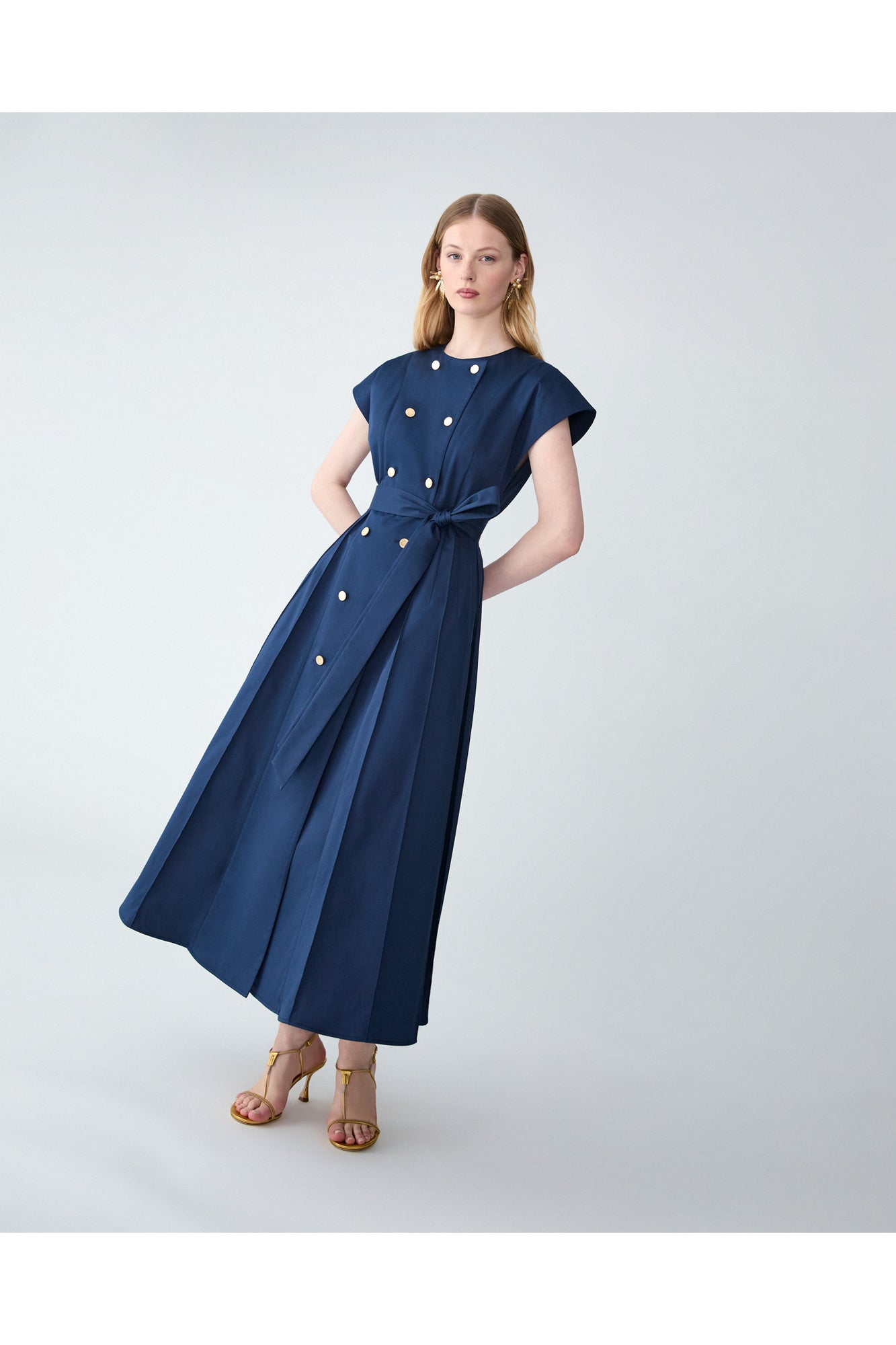 Double Breasted A-Line Midi Dress With Sash Belt | Midnight
