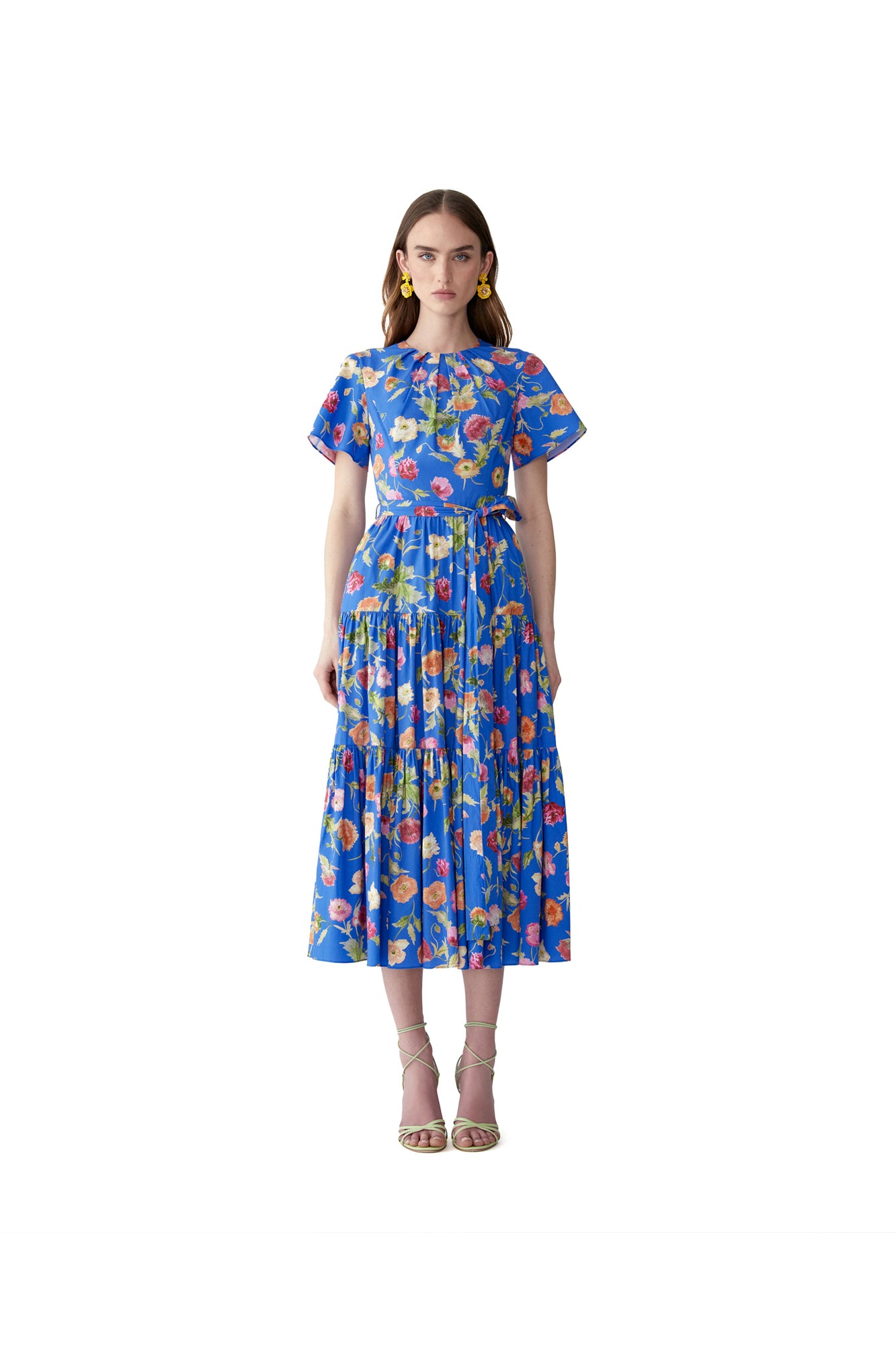Short Sleeve Crewneck Tiered Midi Dress With Sash Belt | Bluebell Multi