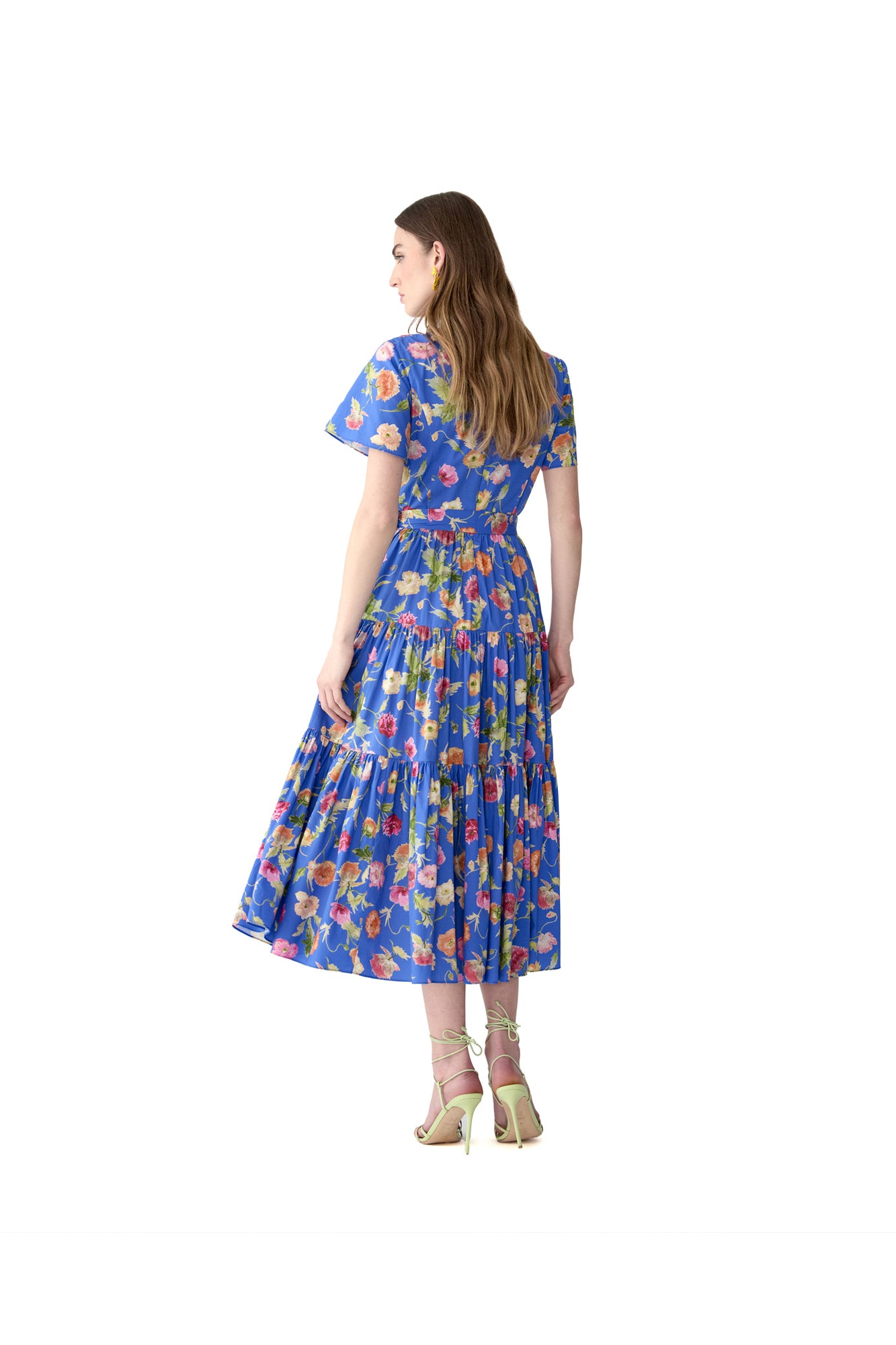 Short Sleeve Crewneck Tiered Midi Dress With Sash Belt | Bluebell Multi