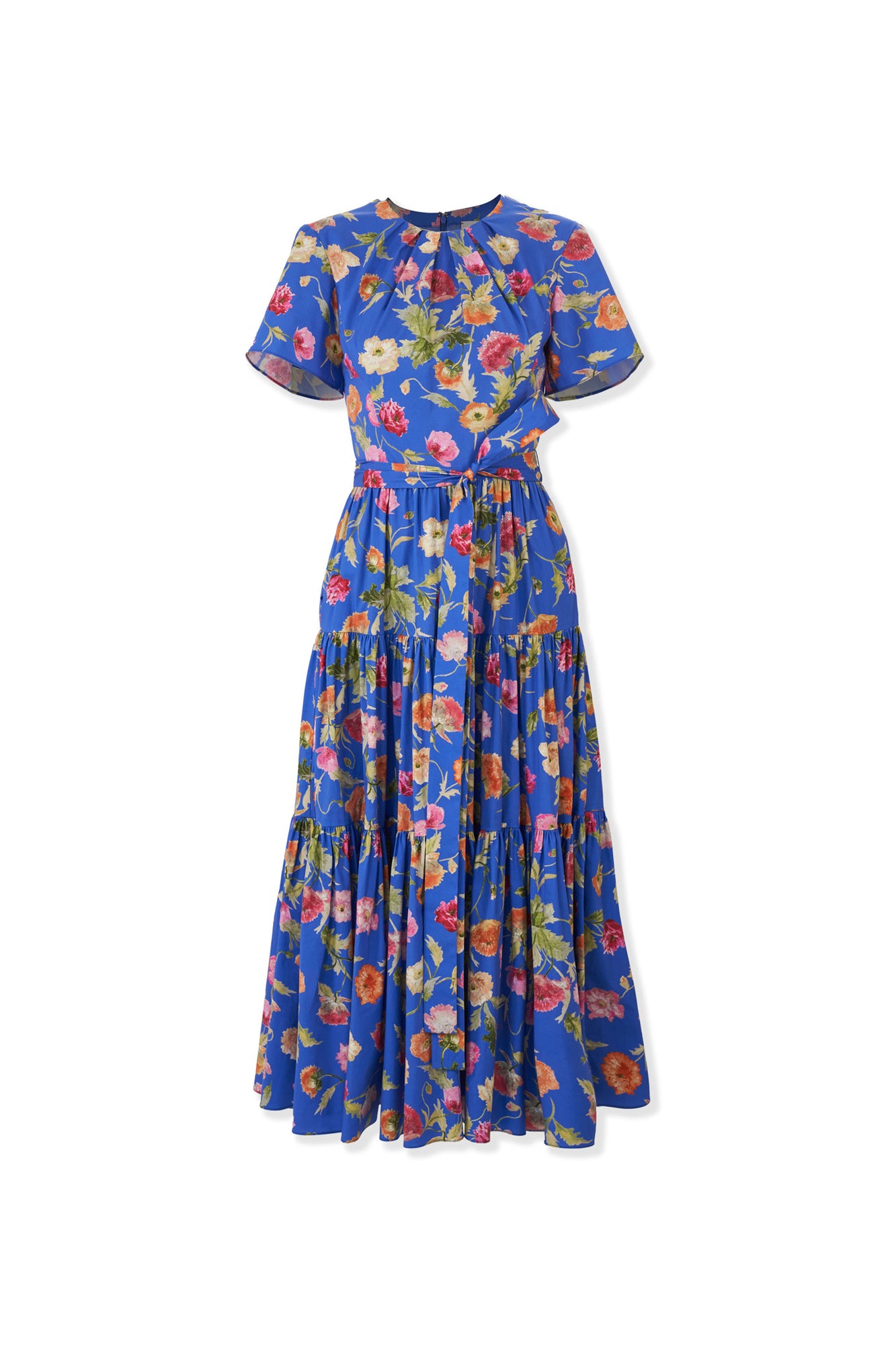 Short Sleeve Crewneck Tiered Midi Dress With Sash Belt | Bluebell Multi