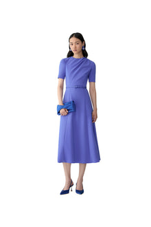 Short Sleeve Draped Crewneck Midi Dress With Self Belt | Bluebell