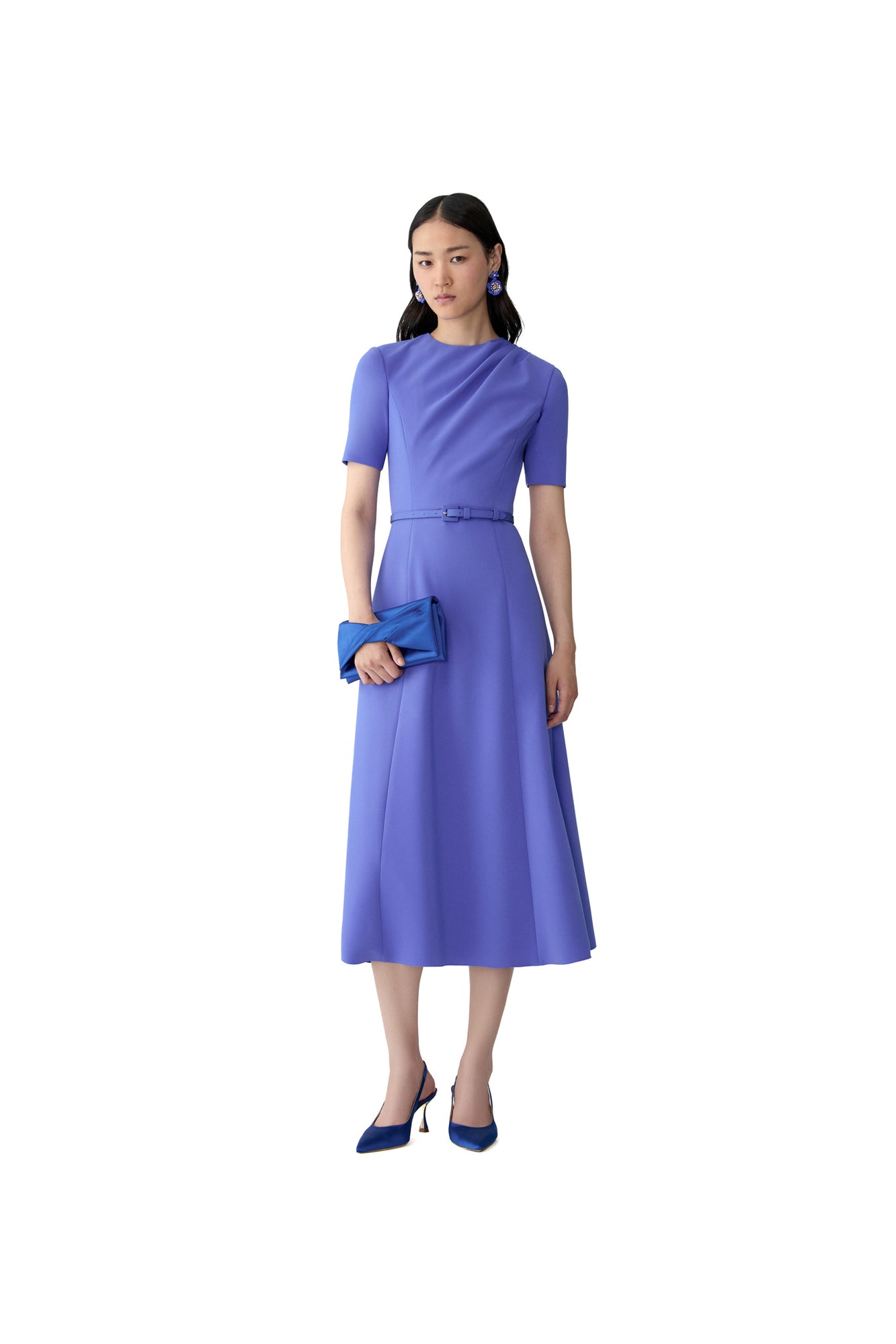 Short Sleeve Draped Crewneck Midi Dress With Self Belt | Bluebell