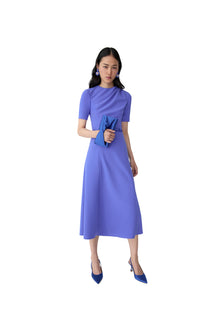 Short Sleeve Draped Crewneck Midi Dress With Self Belt | Bluebell