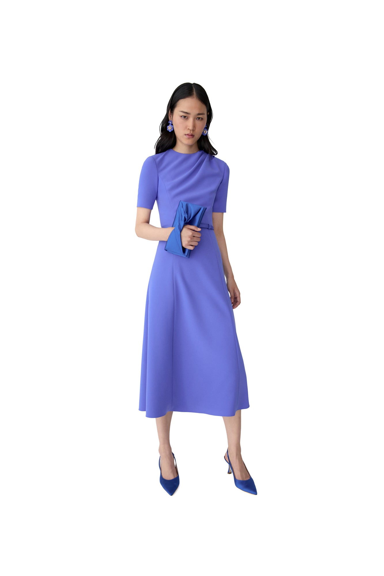 Short Sleeve Draped Crewneck Midi Dress With Self Belt | Bluebell