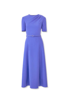 Short Sleeve Draped Crewneck Midi Dress With Self Belt | Bluebell