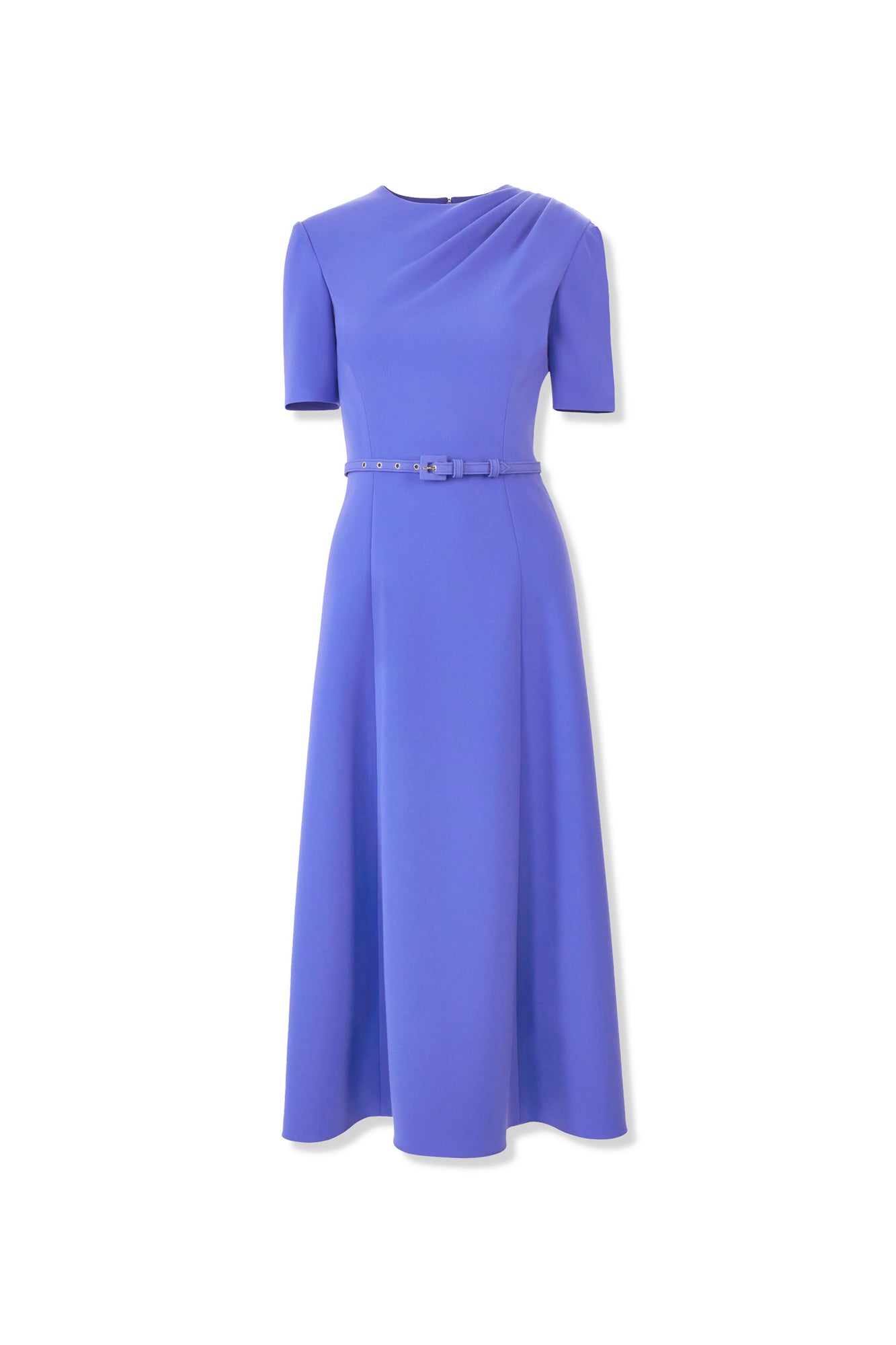 Short Sleeve Draped Crewneck Midi Dress With Self Belt | Bluebell