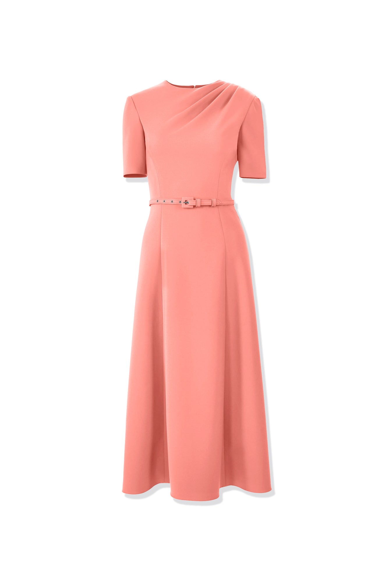 Short Sleeve Draped Crewneck Midi Dress With Self Belt | Sunset