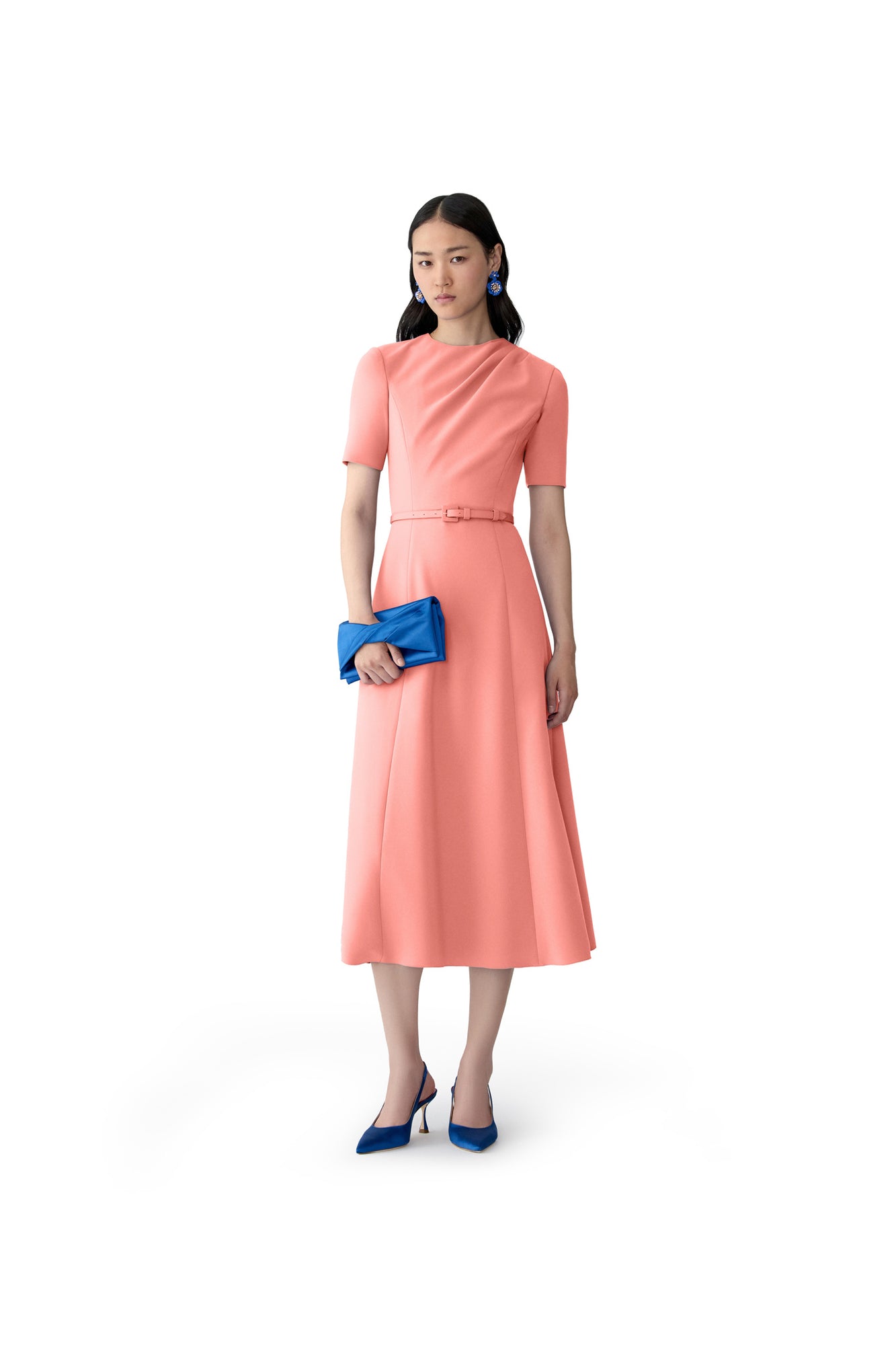 Short Sleeve Draped Crewneck Midi Dress With Self Belt | Sunset