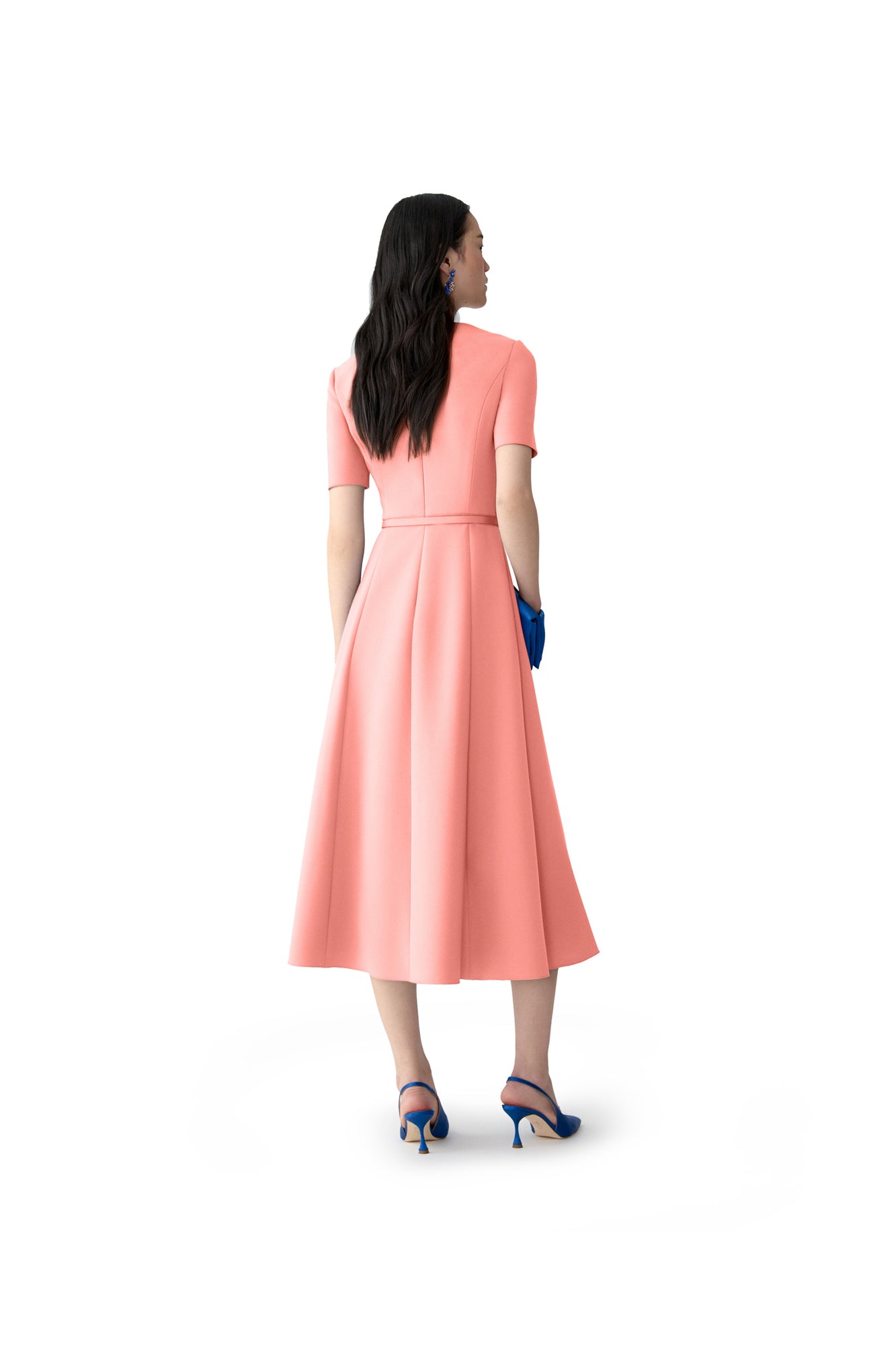 Short Sleeve Draped Crewneck Midi Dress With Self Belt | Sunset